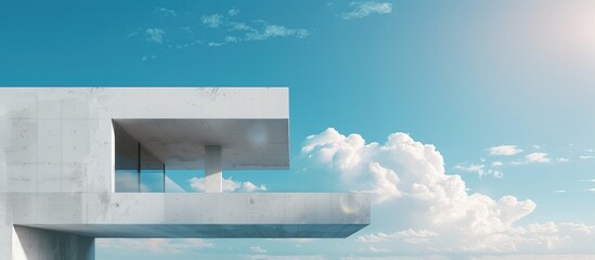 Minimalist modern architecture with a white concrete wall and an open window overlooking a blue sky and clouds, set against a summer sky backdrop.