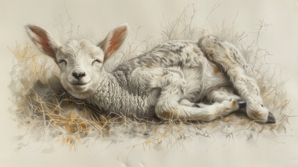  a painting of a baby sheep laying on top of a pile of dry grass with it's eyes closed.