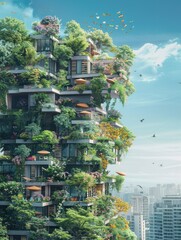 Futuristic green architecture with wildlife - A visionary illustration of an eco-friendly skyscraper teeming with flora, fauna, and life, portraying sustainability