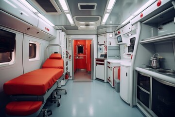 High-tech Modern ambulance inside. Medical doctor rescue transport equipment. Generate Ai