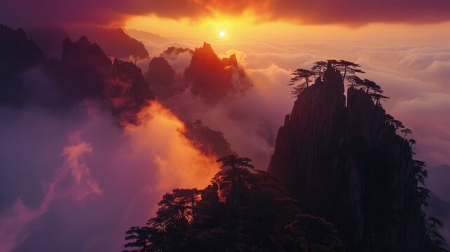 Majestic sunrise over misty mountain peaks - The image captures a breathtaking view of the sun rising above clouds wrapped mountain tops, casting a warm glow