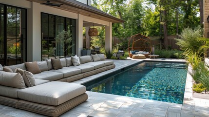 Backyard Oasis With Swimming Pool and Lush Greenery