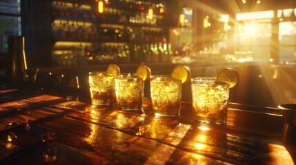 a group of glasses sitting on top of a wooden table next to a bottle of alcohol and a glass filled with ice.