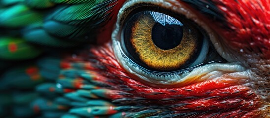 A detailed closeup of a scaled reptiles eye, with intricate patterns on the iris, eyelashlike feathers in the background, resembling an electric blue painting - obrazy, fototapety, plakaty