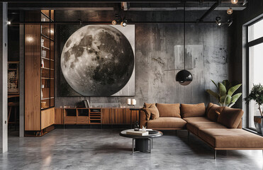 Sofá marrom claro, parede de concreto com pôster. Design de interiores minimalista, loft , decoração urbana moderna, sala de estar