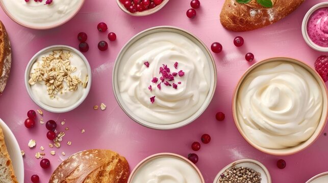 a table topped with bowls filled with different types of desserts and toppings on top of a pink surface.