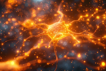Glowing neuron network with fiery orange and gold sparks