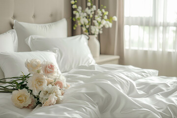 Close-up de um quarto com roupa de cama branca, com flores e uma linda iluminação, design de interiores moderno