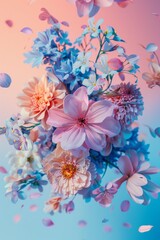 Enchanting flowers arranged in mid-air with petals gently falling, set against a soft pink and blue gradient