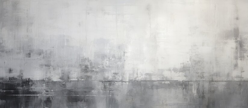 A monochrome photograph of a city landscape featuring a black and white painting on a wall. The grey tints and shades create a beautiful pattern against the transparent material