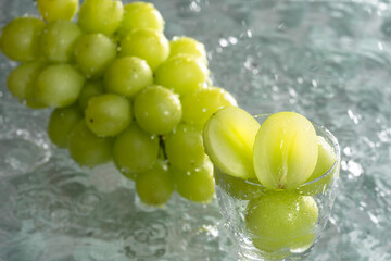 水の上に1房のフルーツのマスカット（ぶどう）とカットされたマスカットがアップで写っている