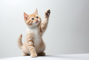 A cute red and white kitten on a white background