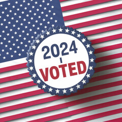 I voted message for 2024 elections on  pin over american flag