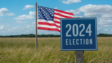 American flag on pole in countryside with 2024 election sign. American Elections concept