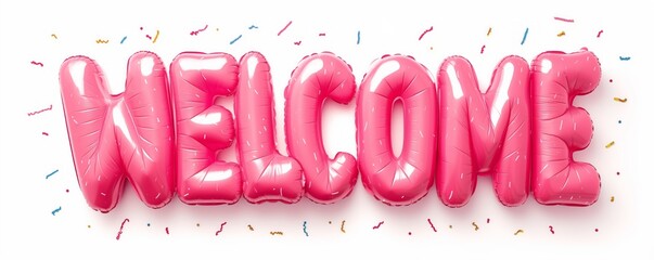 The word "welcome" made of inflatable pink plastic balloons, AI generated illustration