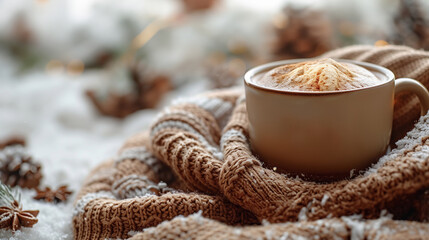 Cup of coffee and knitted scarf on snow, closeup