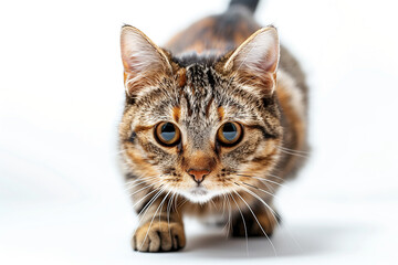 Closeup of a cute striped cat walking on a white background
