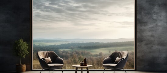 Beside a large window, two chairs and a table overlook a scenic landscape of water, sky, and buildings in the horizon