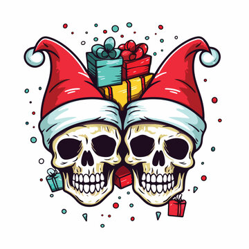 Funny skulls with Santa hat and gift boxes doodle 