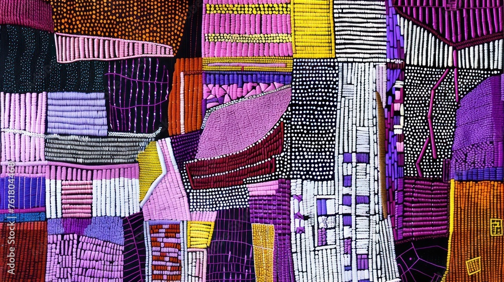 Aufkleber a close up of a piece of art made out of different colors of cloths and strips of thread and thread.