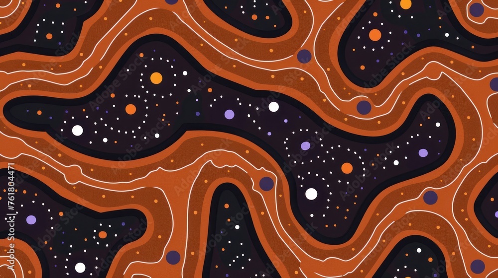 Poster a black and orange abstract background with circles and dots in the center of the image and a black 