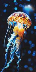 An exotic jellyfish with leopard colors floating through the depths of the ocean, beautiful and poisonous - 761804435