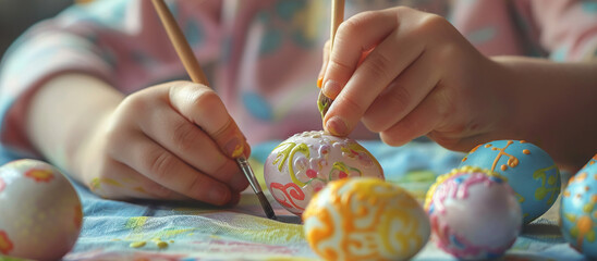 Easter, child's hands paint eggs, handmade Easter, DIY Easter banner.