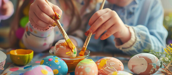 Easter, child's hands paint eggs, handmade Easter, DIY Easter banner.