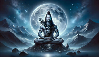 Illustration of lord shiva silhouette with trident against full moon for maha shivratri.
