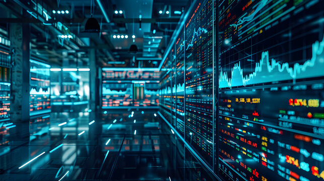 financial trading floor where traders use AI algorithms to analyze market trends."