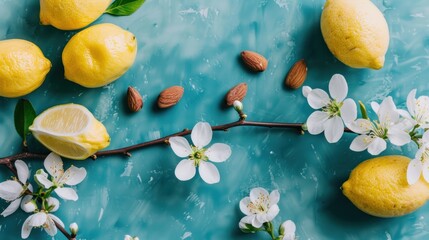 a group of lemons, almonds, and flowers on a blue surface with leaves and flowers around them.