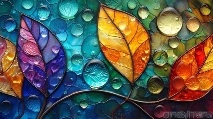 A vibrant collection of autumn leaves depicted in a stained glass art style, with a mosaic of rich, warm colors.