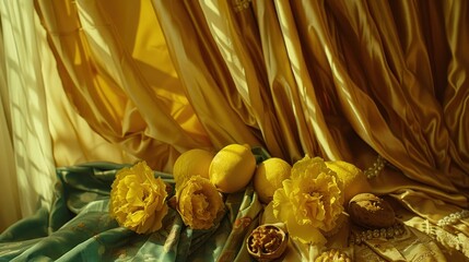 a bunch of fruit sitting on top of a table next to a window covered in yellow curtained drapes.