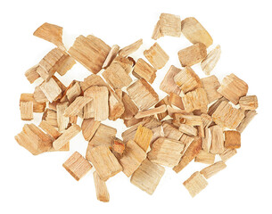 Group of wooden chips isolated on a white background, view from above. Wooden smoking chips. - 761805289