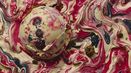 a scoop of ice cream sitting on top of a red, white and blue swirl covered bowl of ice cream.