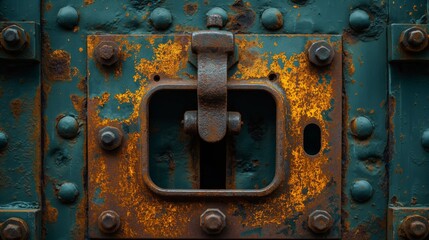 Rusty Lock on a Weathered, Teal Metal Door