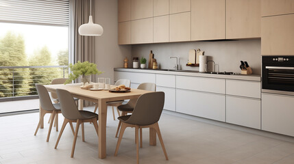 Modern Scandinavian Kitchen Interior with Dining Area, Large Windows, and Nature View