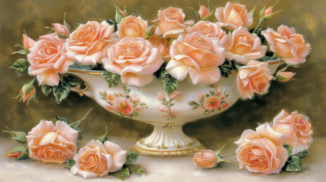 a painting of peach colored roses in a white vase with a gold base and green leaves on the bottom of the vase.