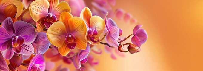 Branch of yellow, orange, purple orchids orange hues backdrop. Luxury colorful bloom, pink violet beautiful phalaenopsis in bright colors. Card, banner. - obrazy, fototapety, plakaty