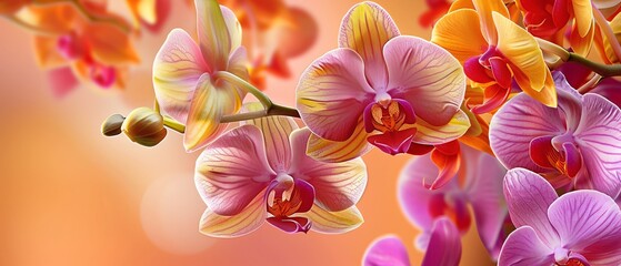 Branch of yellow, orange, purple orchids orange hues backdrop. Luxury colorful bloom, pink violet...