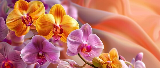 Closeup of orange, purple orchids on a silk fabric backdrop. Luxury colorful bloom, pink violet beautiful phalaenopsis in bright colors . Card, banner. - obrazy, fototapety, plakaty
