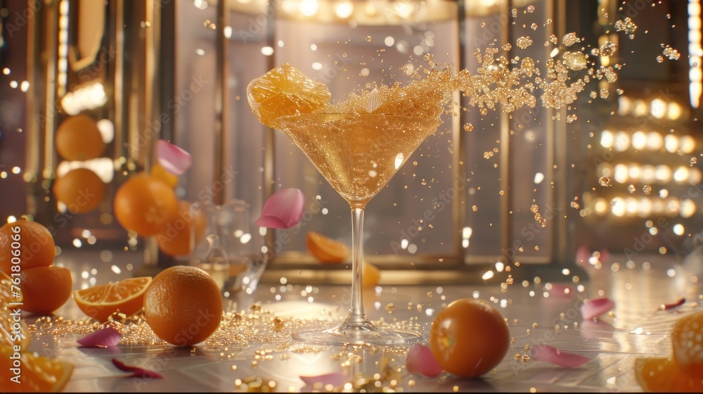 Poster a glass filled with oranges on top of a table next to a bunch of oranges on the ground.