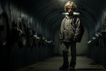 Insulated Modern child boy underground bunker. Light concrete. Generate Ai