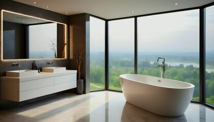 Fototapeta na wymiar luxury bathroom interior with bathtub and panoramic window created with generative ai