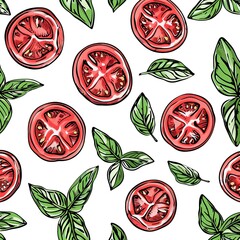 Simple line drawing pattern of fresh tomato slices and basil leaves on a white background