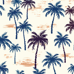 Grunge style seamless pattern with palm trees forest