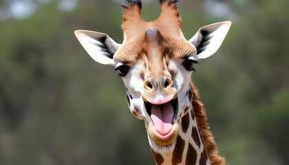 A Giraffe With Its Tongue Licking Its Lips