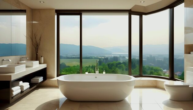 luxury bathroom interior with bathtub and panoramic window created with generative ai
