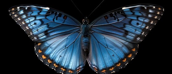 a close up of a blue butterfly with orange spots on it's wings and wings, with a black background.