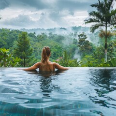 Fototapeta premium Happy Woman in Infinity Pool, Enjoying Warm Tropical Rain, Swimming Pool with a Jungle View